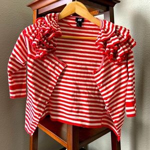 Red and White Stripe H&M Cardigan with Mid Sleeves and Ruffled Shoulders